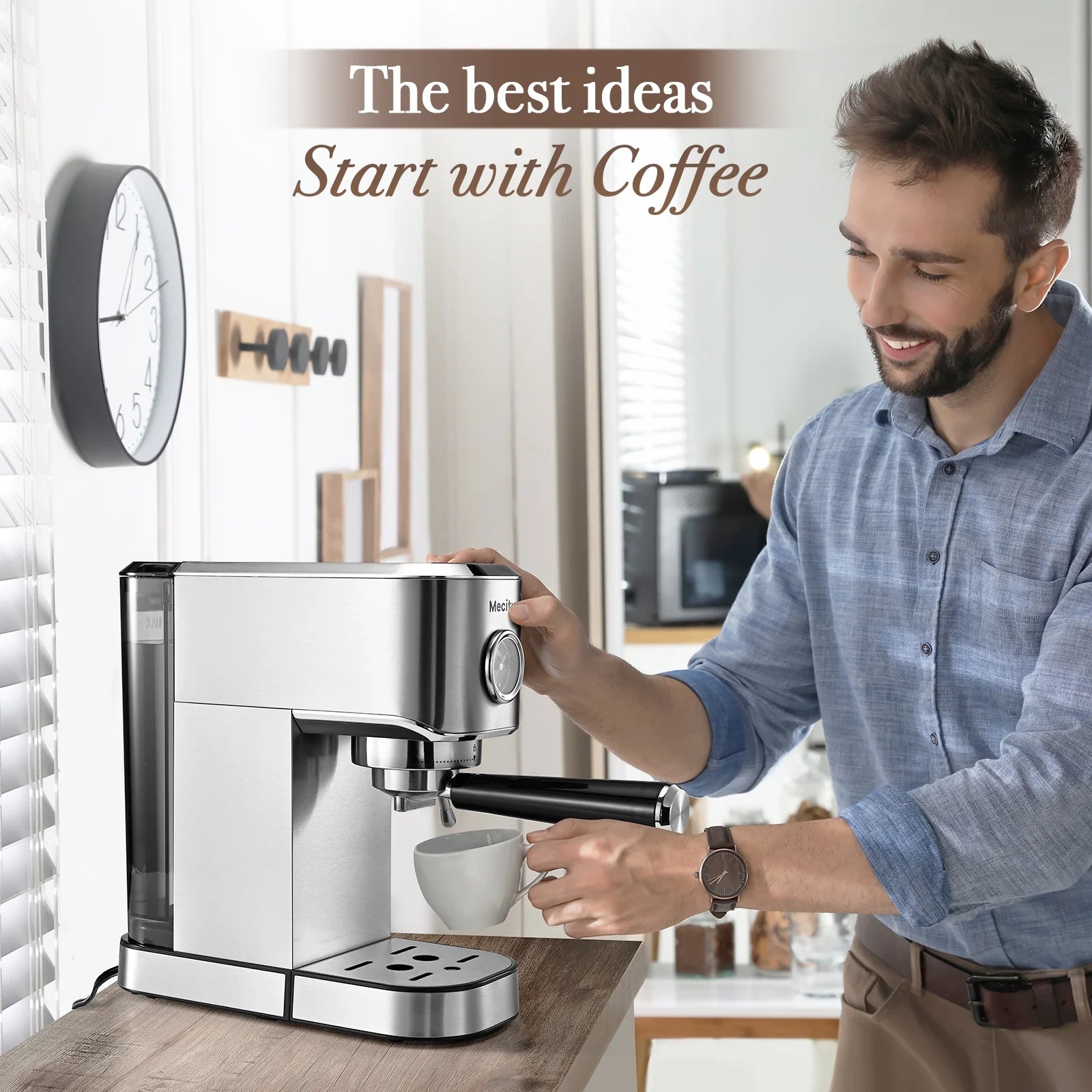 20 Bar Espresso Machine with Milk Frother, Brushed Stainless Steel Shell, 37 Fl.Oz Water Reservoir, Coffee Maker for Espresso, Latte, Mocha, Americano. 120V, 1350W
