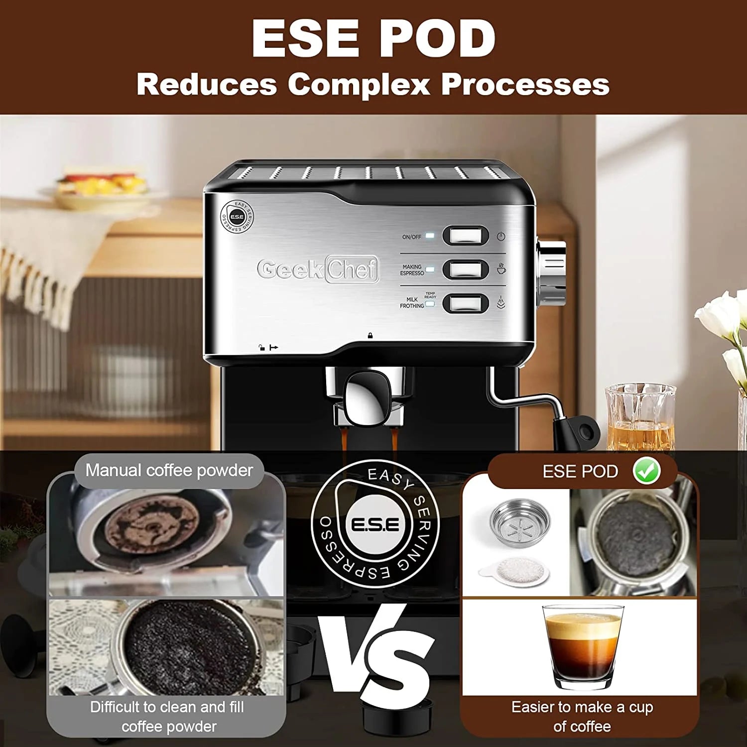 Espresso Machine, 20 Bar Coffee Maker with Milk Frother, 1.5L Water Tank, Stainless Steel