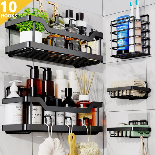 Shower Caddy Bathroom Organizer, 5 PCS Self-Adhesive Bathroom Shower Caddy Basket with Soap & Toothbrush Holder, No Drilling Wall Mounted Rustproof Stainless Steel Shower Shelf Black