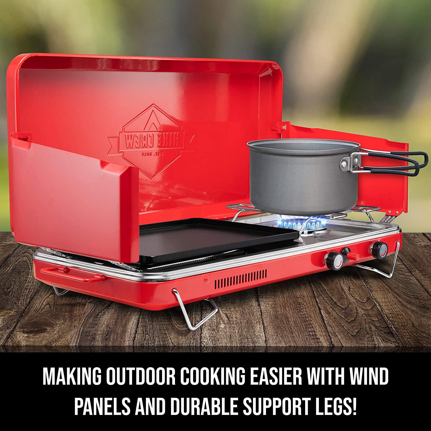 2-In-1 Gas Camping Stove | Portable Propane Grill/Stove Burner W/Integrated Igniter & Stainless Steel Drip Tray | Built-In Carrying Handle, Foldable Legs & Wind Panels | Includes Regulator