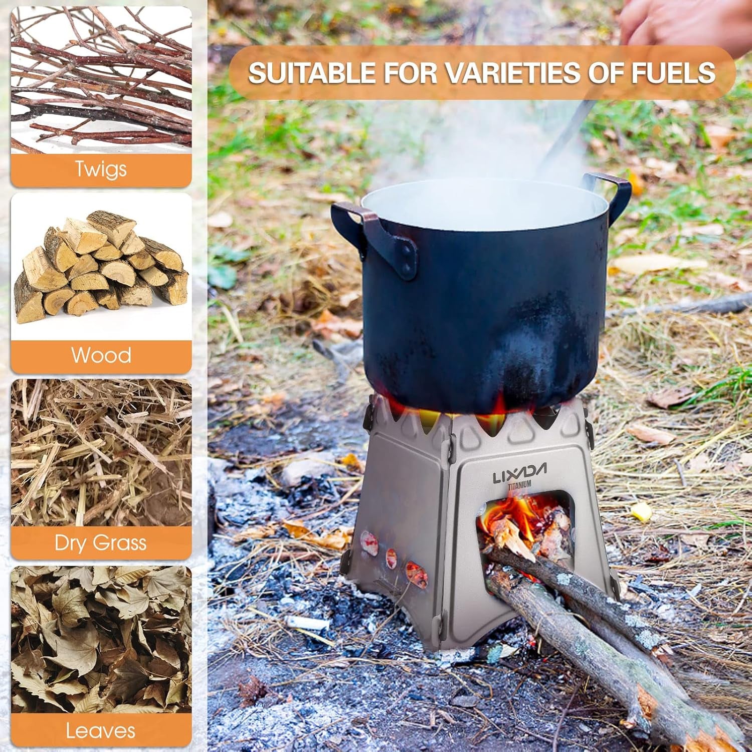 Camping Stove Titanium Wood Burning Stoves Portable Backpacking Stove with Min Titanium Alcohol Stove with Collapsible Bellow for Outdoor Camping Hiking Backpacking Picnic BBQ