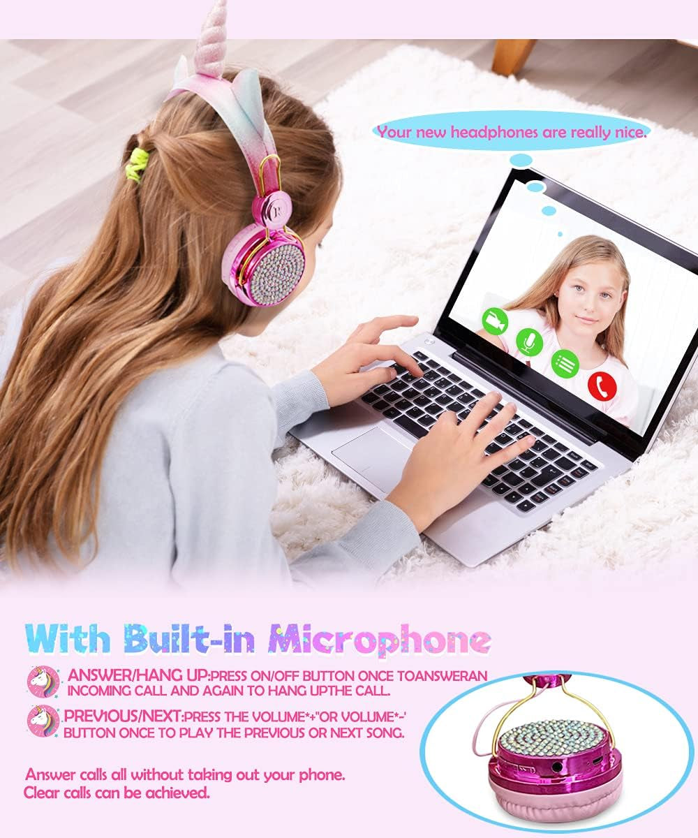 Unicorn Kids Bluetooth Headphones for Girls,Boys Teens,Wireless Cat Headset for Smartphones/Tablet/Laptop/Pc/Tv,With Mic and Adjustable Headband,Surprise Box Is the for Birthday and Xmas.