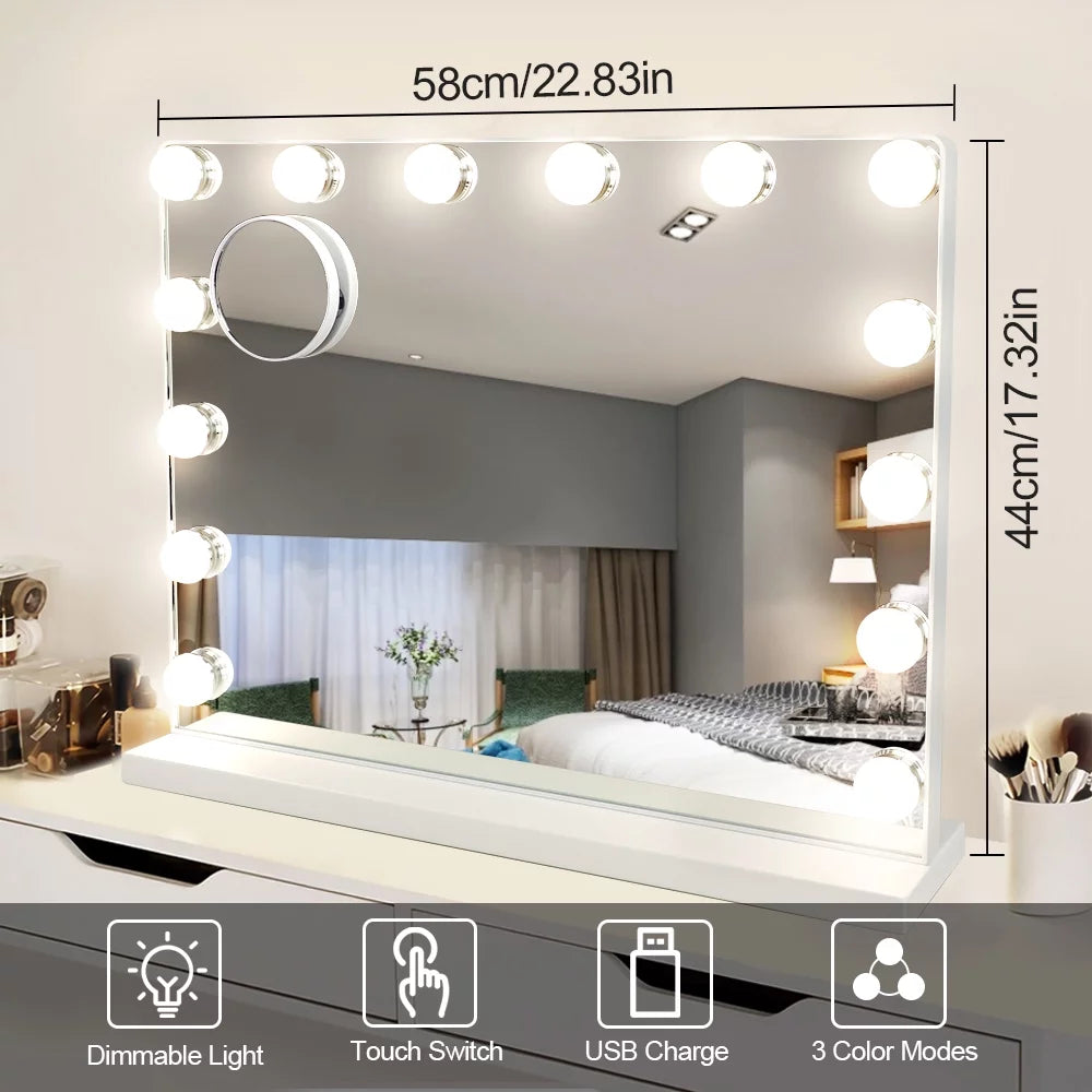 Hollywood Makeup Mirror Vanity Mirror with Lights, Large Bedroom Makeup Mirror with Lights LED Bulbs Dimmable 3 Color Lighting Mode with Removable Magnification