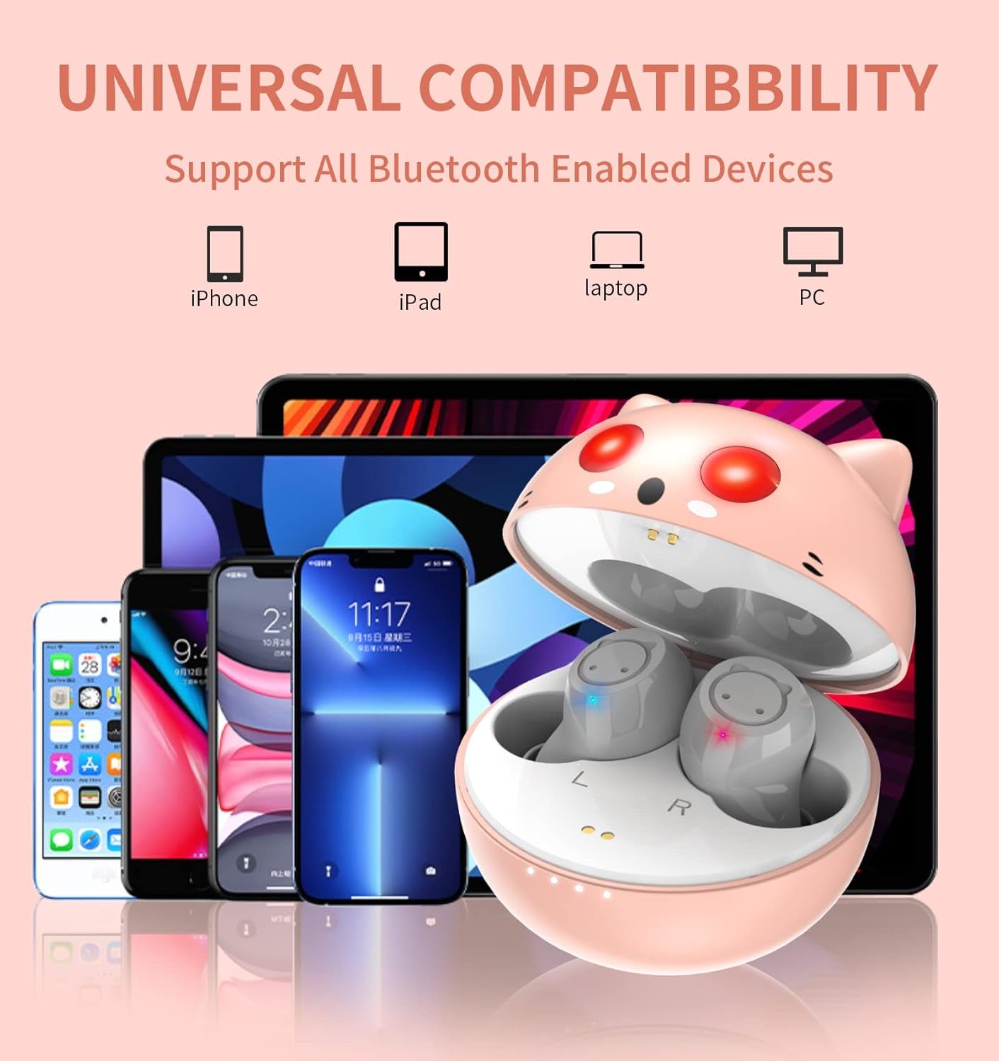 Pink Wireless Earbuds,Bluetooth in Ear Headphone with Microphone Comfort&Lightweight with Noise Cancellation,3D Surround Stereo,Long Life Portable Mini Charging Case(S/M/L Earctips)