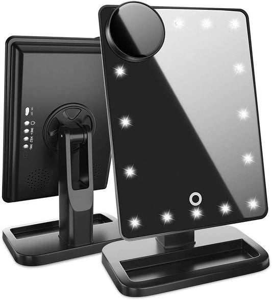 Vanity Makeup Mirror with Lights Bluetooth, Lighted Mirror with 20 Leds, Touch Screen Wireless Audio Speaker, Detachable 10X Magnification, Rechargeable Power
