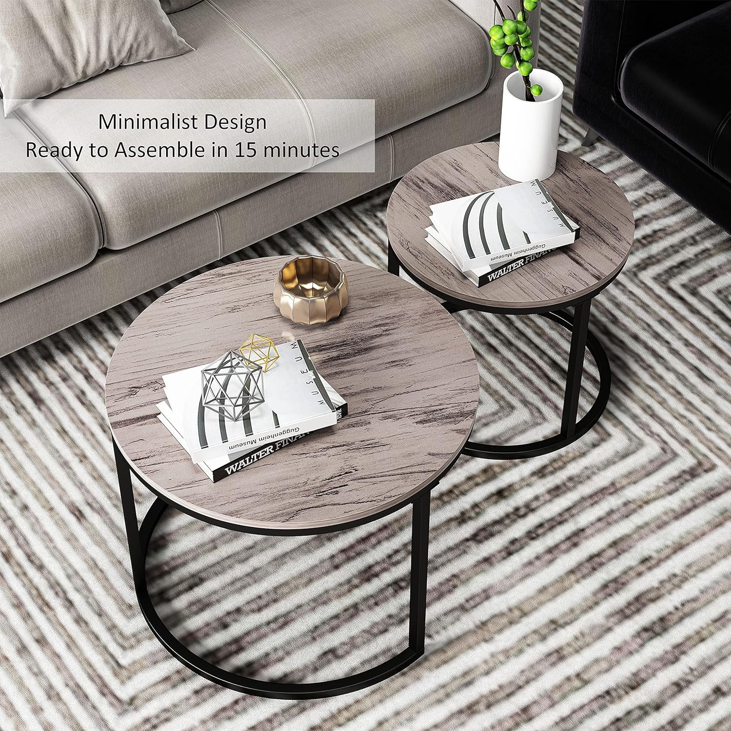 Modern Nesting Coffee Table Set of 2 for Living Room, Balcony, Garden, round Table with Wood Side, Sturdy Metal Frame, Easy Assemble,Antique Grey