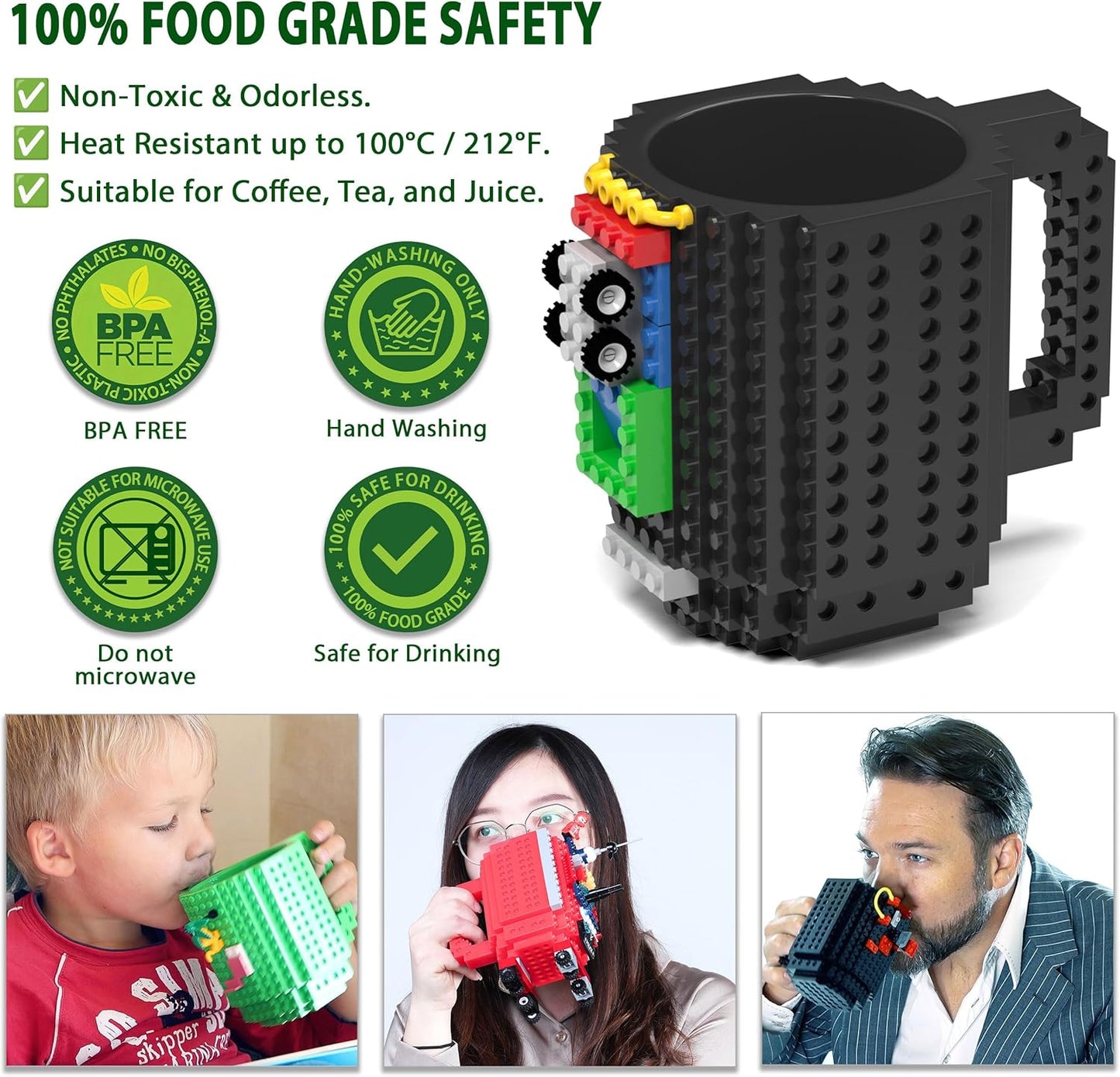Build-On Brick Mug Set - Unleash Creativity with 3 Random Packs of 2-in-1 Bricks - Fun Coffee Mugs for Kids and Adults - Perfect Novelty Gift for Any Occasion - Black