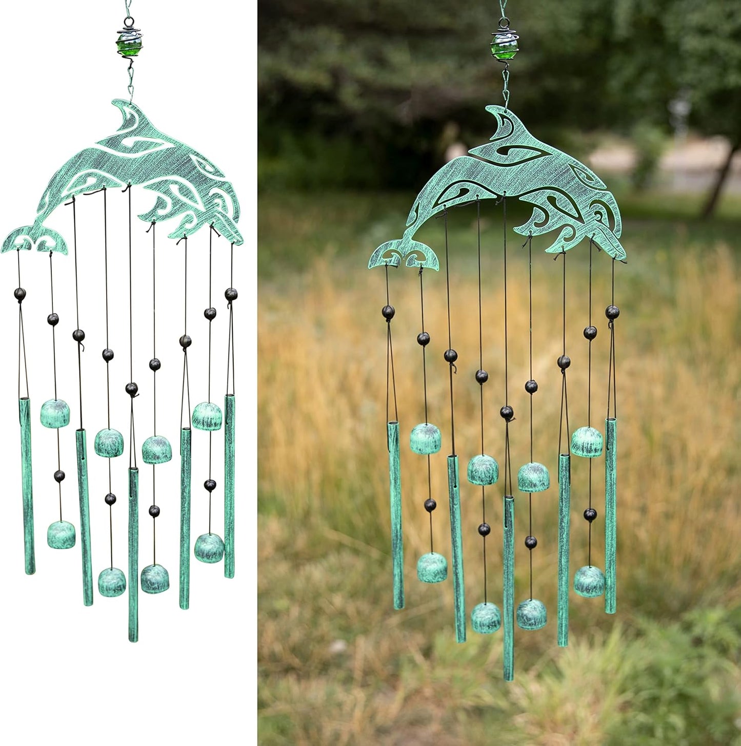 Enchanting 31" Rustic Sea Green Tribal Turtles Wind Chimes - Unique Outdoor Decor for Gardens, Perfect Gift for Women and Moms