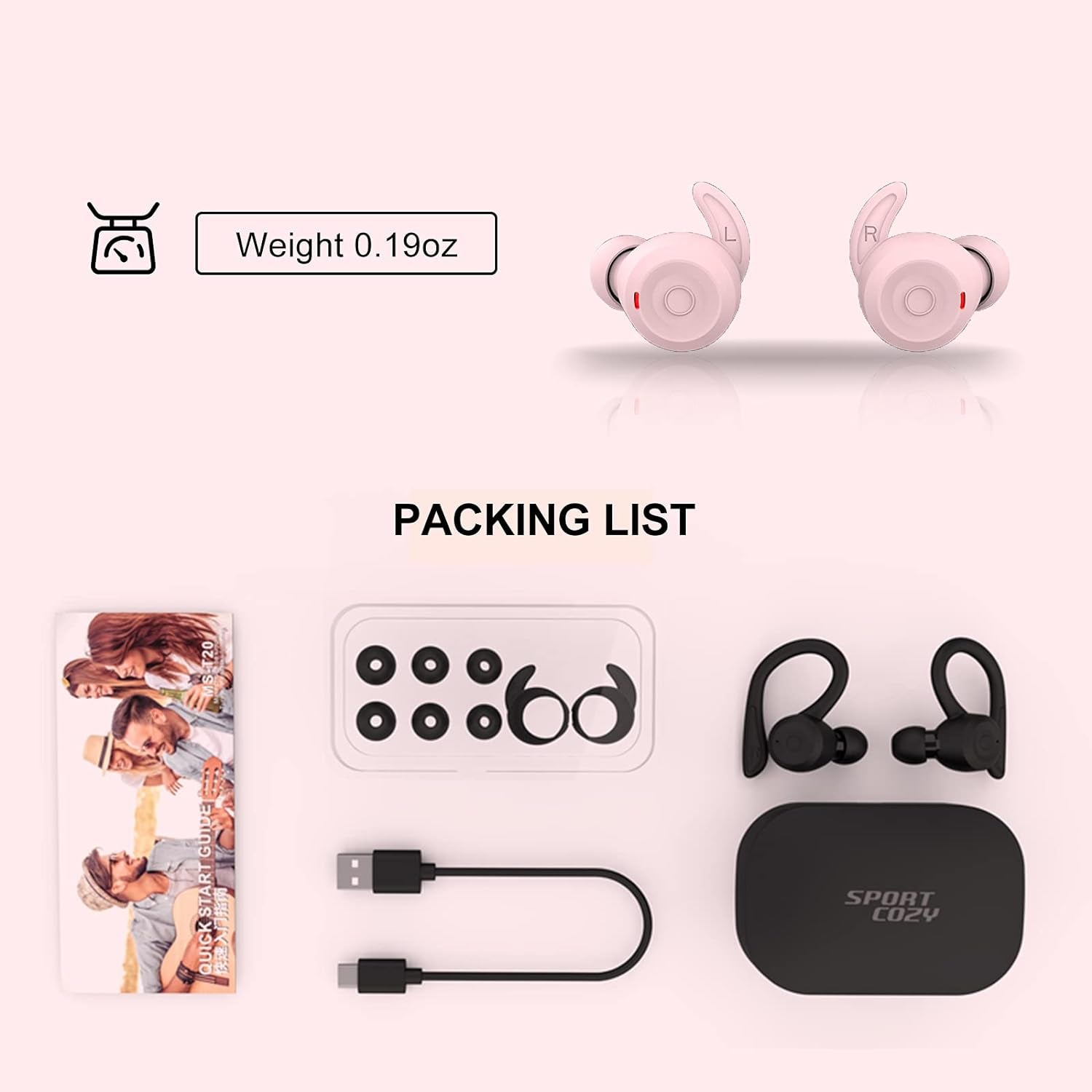 Pink over Ear Wireless Earbuds with Earhooks Running Bluetooth Earbuds with Ear Hook Waterproof Small Earphones in Ear Headphones Noise Cancelling Headset Android Ear Buds for Workout Sport Gym