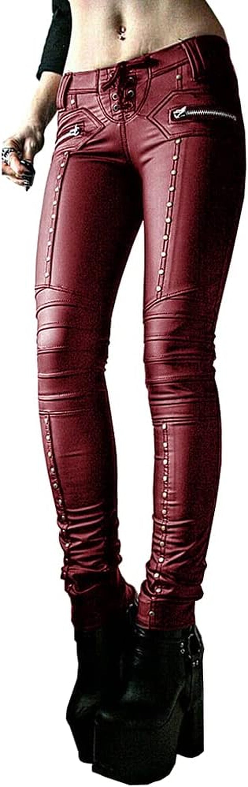 Women'S Faux Leather Leggings Gothic Punk Skinny PU Leather Pants Mid Rise Novelty Studded Tight Pants