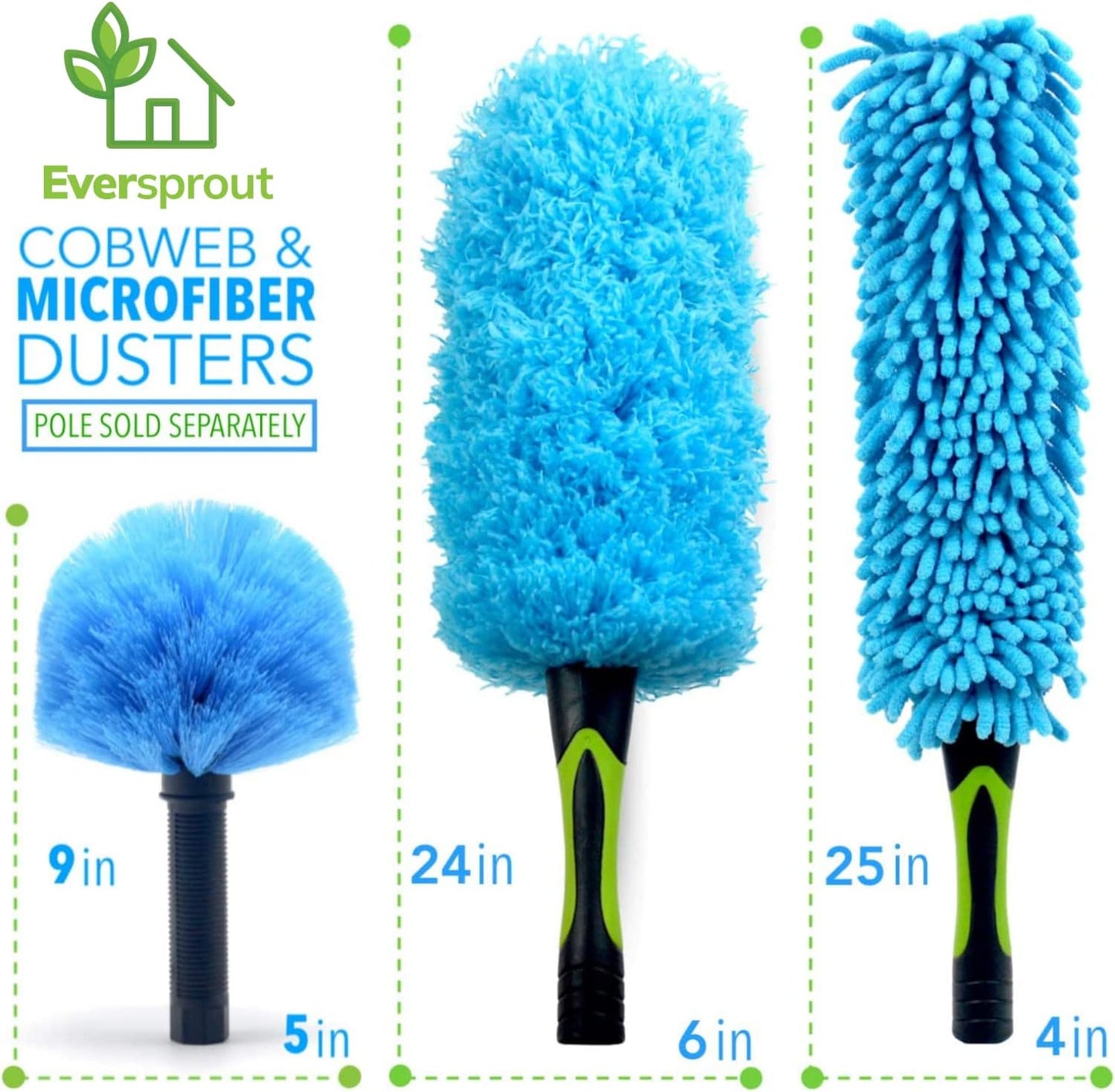 Duster 3-Pack | Hand-Packaged Cobweb Duster, Microfiber Feather Duster, Flexible Ceiling Fan Duster | Twists onto Standard 3/4 Inch Threaded Poles (Pole Sold Separately)(Soft Bristles)