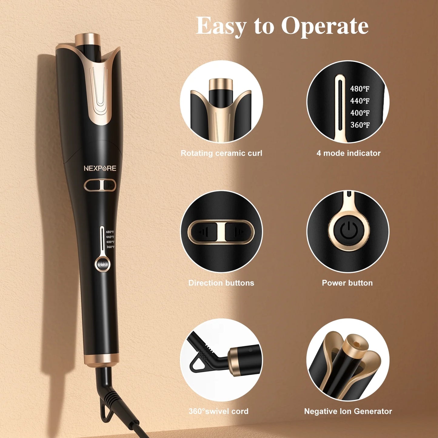 Curling Iron, Professional Automatic Hair Curler with 1" Large Rotating Barrel, Gold