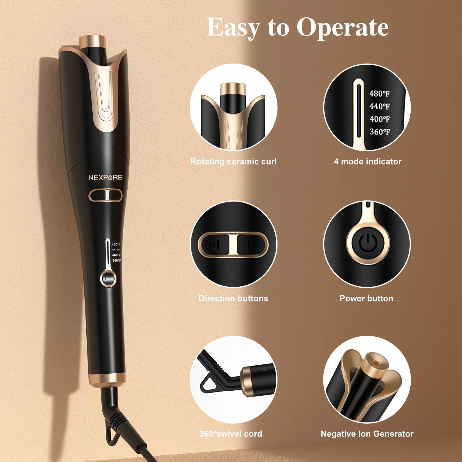 Curling Iron, Professional Automatic Hair Curler with 1" Large Rotating Barrel, Gold