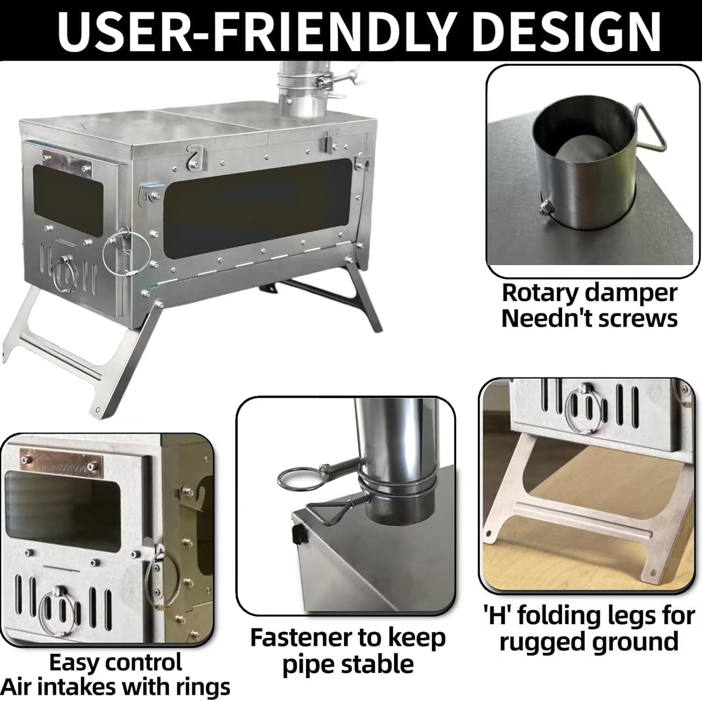 TSG Folding 100% Titanium Hot Tent Stove TA1 with Side Glass, 7.2Ft Chimney, 6.63Lb
