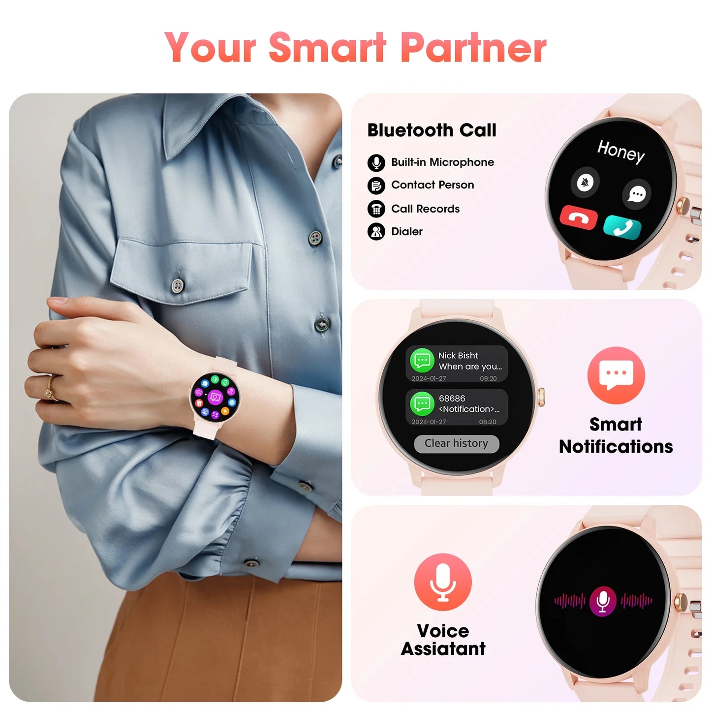 Smart Watch with Touch Screen, Smart Watch for Women with Voice Assistant and Message Reminder, Multi-Sport Mode and IP67 Waterproof (Pink)