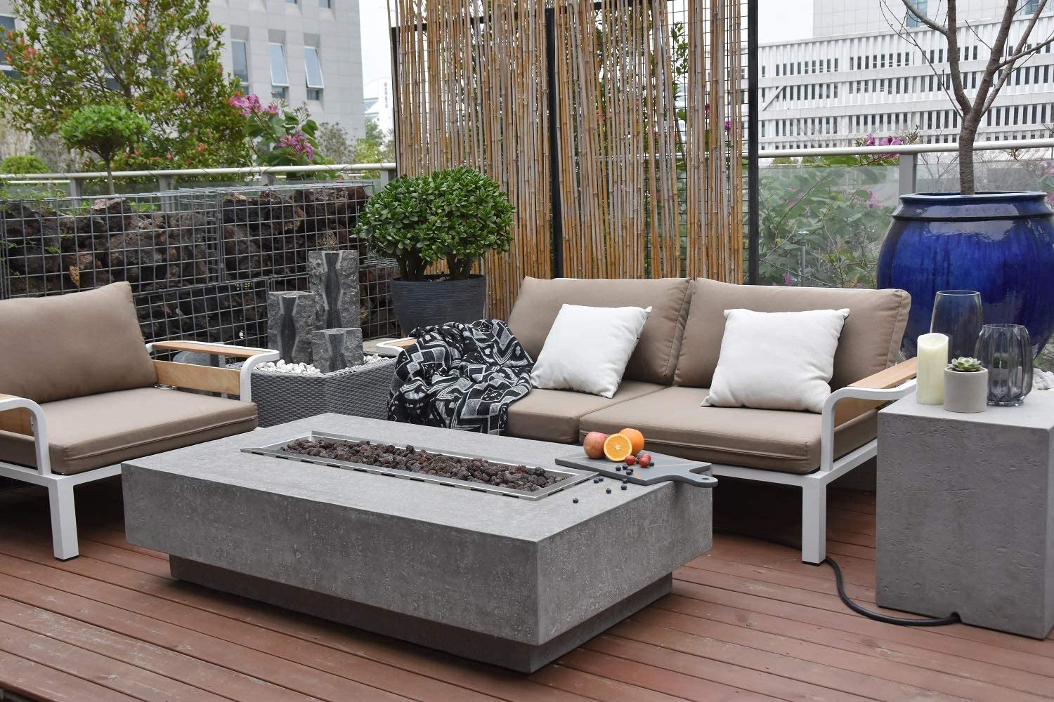 Hampton Outdoor Fire Pit Table 56 Inches Rectangular Firepit Concrete Patio Heater Electronic Ignition Backyard Fireplace Cover Lava Rock Included, Liquid Propane