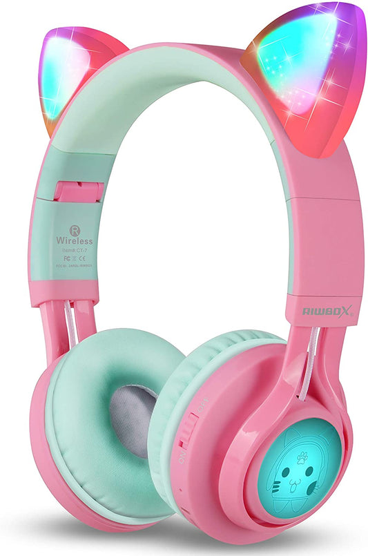 CT-7 Cat Ear Bluetooth Headphones - Fun LED Light-Up Wireless Over-Ear Headphones with Microphone and Volume Control for Kids, Perfect for Travel, School, and Gaming