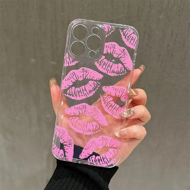 Lipstick Pattern Transparent Smartphone Protective Case, Shockproof Durable Decorative Cellphone Protector Cover, Phone Protection Accessories for Iphone 7 11 12 13 14 15 Series Devices, Summer Gift
