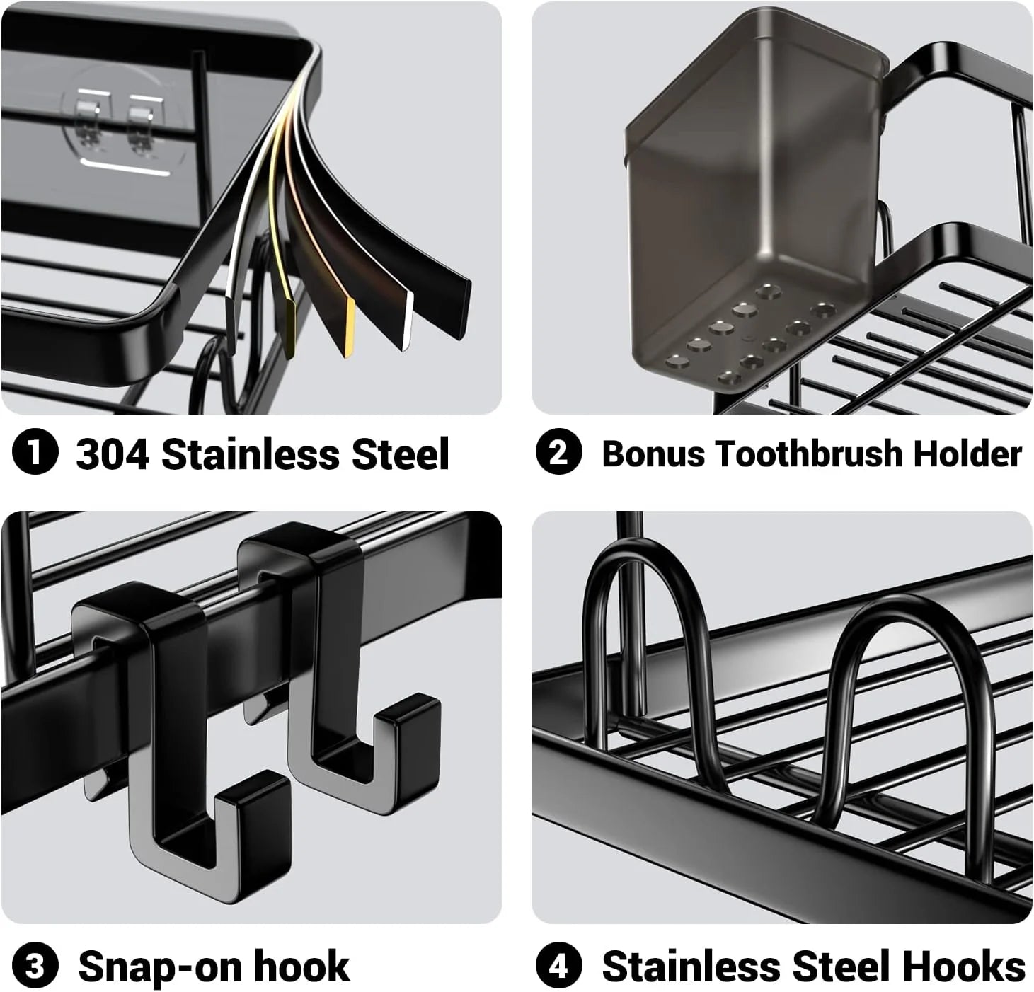 Corner Shower Caddy, 2 Pack Adhesive Shower Corner Organizer Shelves, Stainless Steel Shower Storage Rack with Hooks, Toothpaste&Soap Holder, No Drilling for Bathroom, Dorm and Kitchen-Black