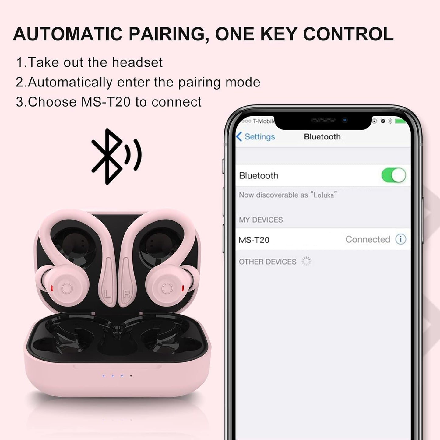 Pink over Ear Wireless Earbuds with Earhooks Running Bluetooth Earbuds with Ear Hook Waterproof Small Earphones in Ear Headphones Noise Cancelling Headset Android Ear Buds for Workout Sport Gym