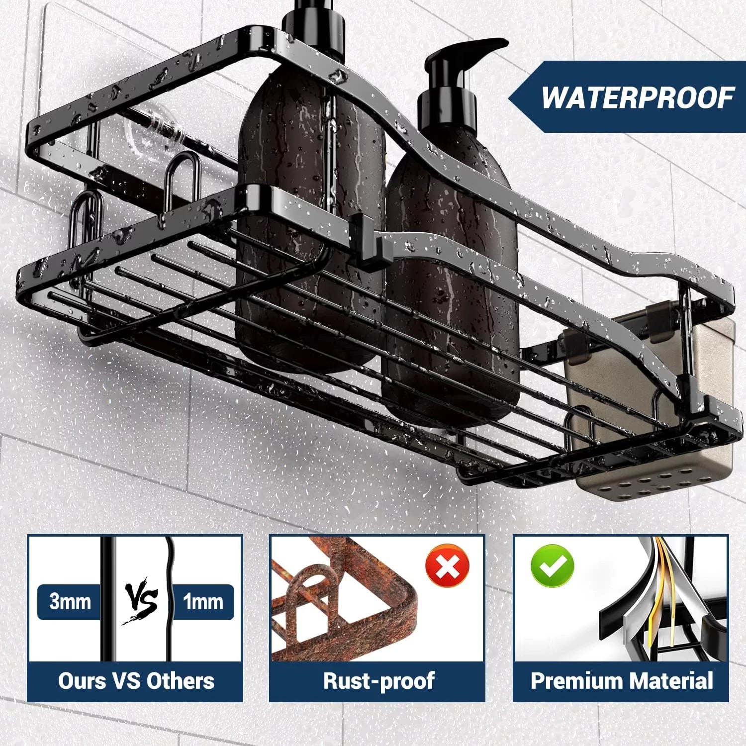 Bathroom Shower Caddy , 2 Pack Stainless Steel Adhesive Shelves with Hooks, Toothpaste & Soap Holder, No Drilling Rustproof Bathroom Shower Organizer for Shower Storage Black