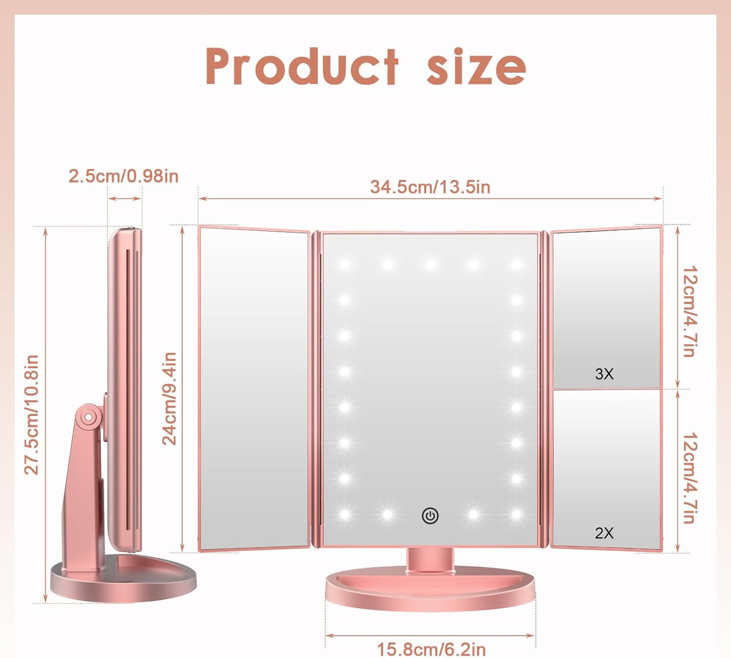 Lighted Vanity Makeup Mirror 1X/2X/3X Magnification Trifold with 21 LED Lights Touch Screen and USB Charging, 180 Degree Adjustable Stand for Countertop Cosmetic Makeup Mirror(Rose Gold)