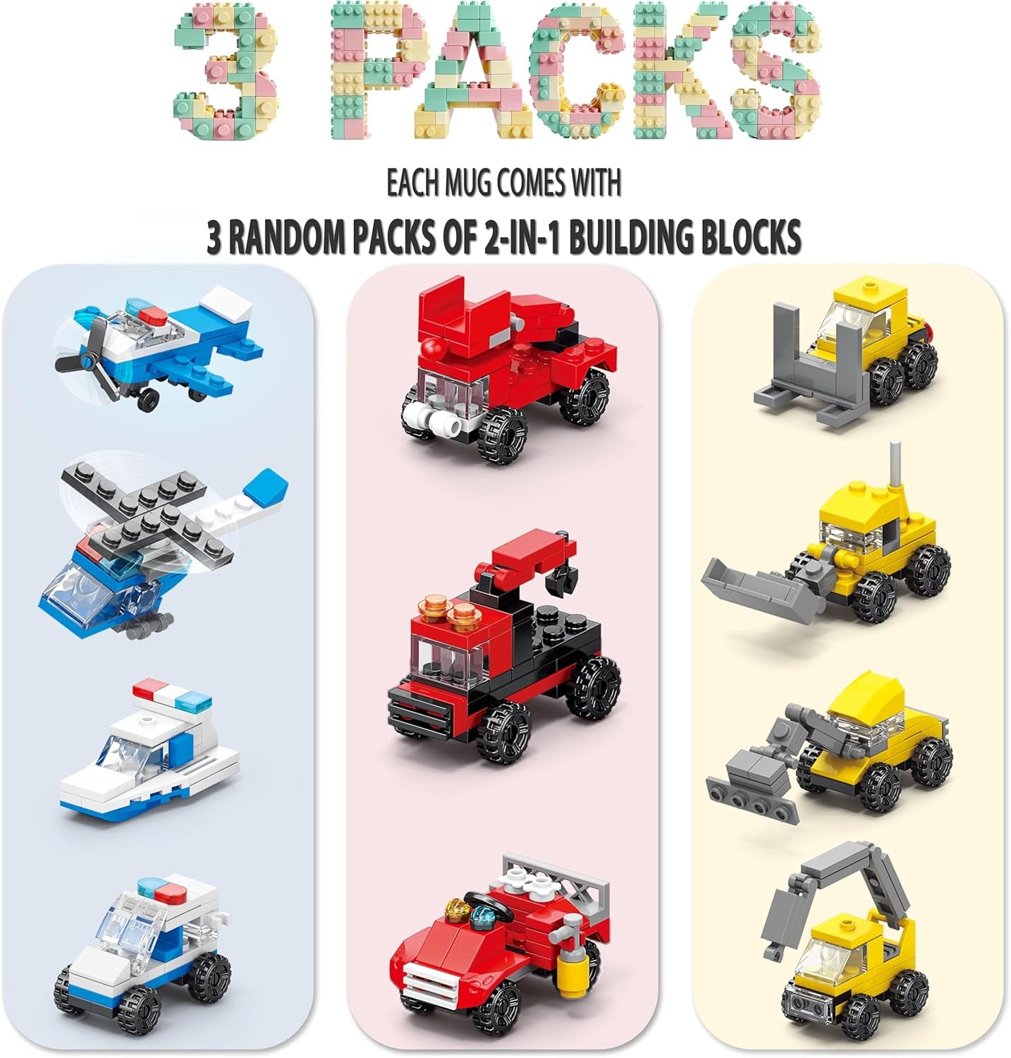 Build-On Brick Mug Set - Unleash Creativity with 3 Random Packs of 2-in-1 Bricks - Fun Coffee Mugs for Kids and Adults - Perfect Novelty Gift for Any Occasion - Black