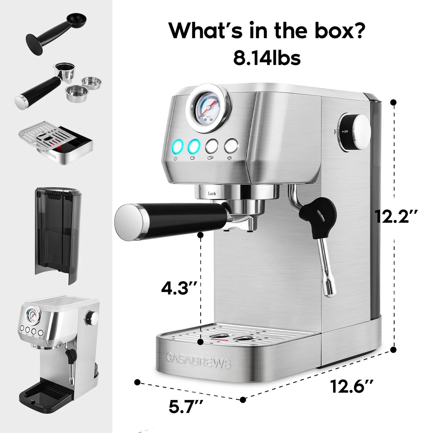 20 Bar Espresso Machine with Milk Frother Steam Wand, Professional Latte Coffee Machine, Stainless Steel, Silver