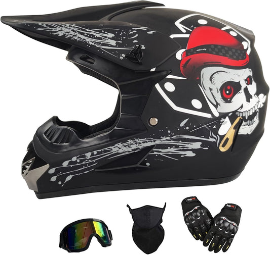 Youth Motorcycle Helmets（Goggles Gloves Face Shield） 4PCS Set, Unisex Dirt Bike Helmets Full Face Off-Road Helmets, Mountain Bike Motocross Helmets, DOT Approved