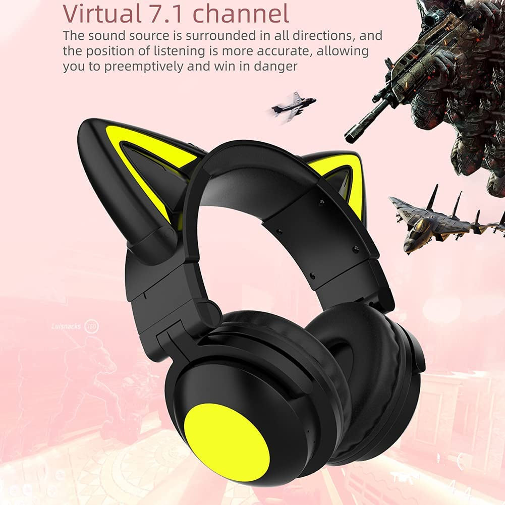 Cat Ear Wireless Headphones with Microphone, with LED Light up over Ear Headphones Adjustable Volume and Foldable Headset for Tablet PC Cell Phones(Black)