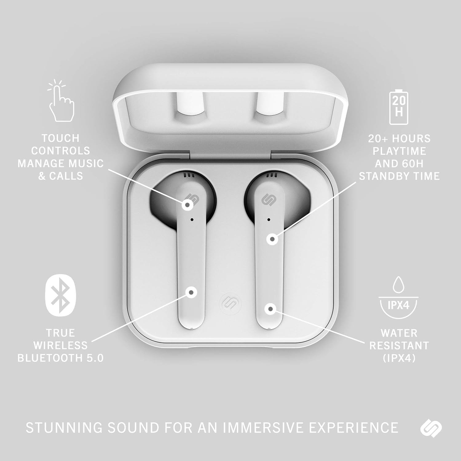 True Wireless Earbuds - over 20 Hours Playtime, IPX4 Waterproof Earphones, Bluetooth 5.0 Headphones, Touch Controls & Enhanced Microphone for Clear Calling, Stockholm Plus, Fluffy Cloud