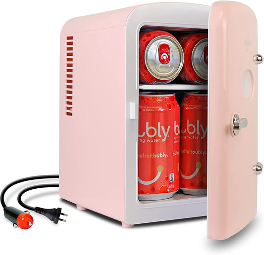 Retro Mini Portable Fridge, 4L Compact Refrigerator for Skincare, Beauty Serum, Face Mask, Personal Cooler, Includes 12V and AC Cords, Desktop Accessory for Home Office Dorm Travel, Pink