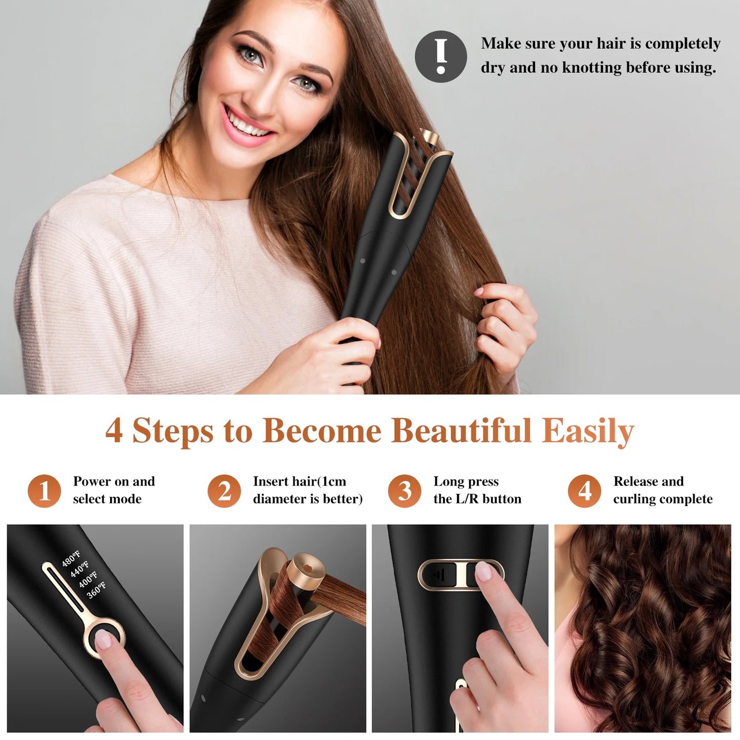 Curling Iron, Professional Automatic Hair Curler with 1" Large Rotating Barrel, Gold