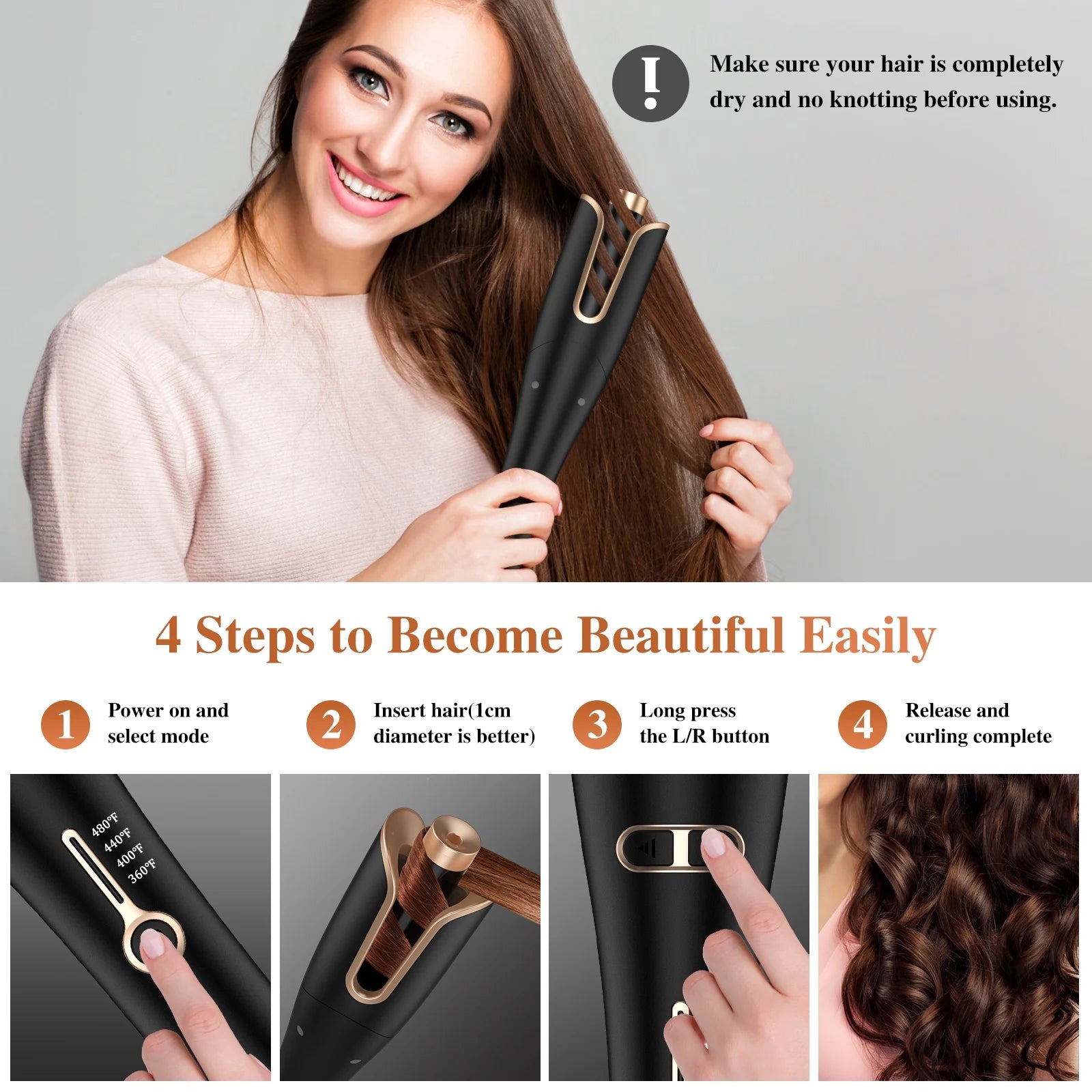Curling Iron, Professional Automatic Hair Curler with 1" Large Rotating Barrel, Gold