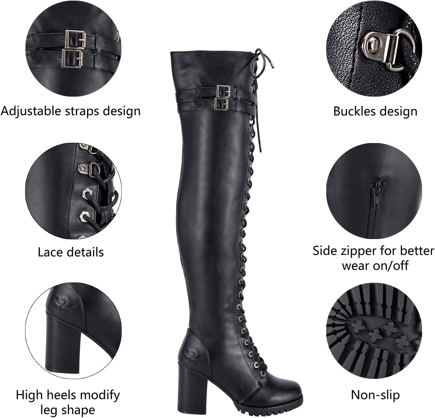 Ladies Knee High Laced Boots Sexy over the Knee Boots for Women Black Motorcycle Leather Boots with Calf Buckle
