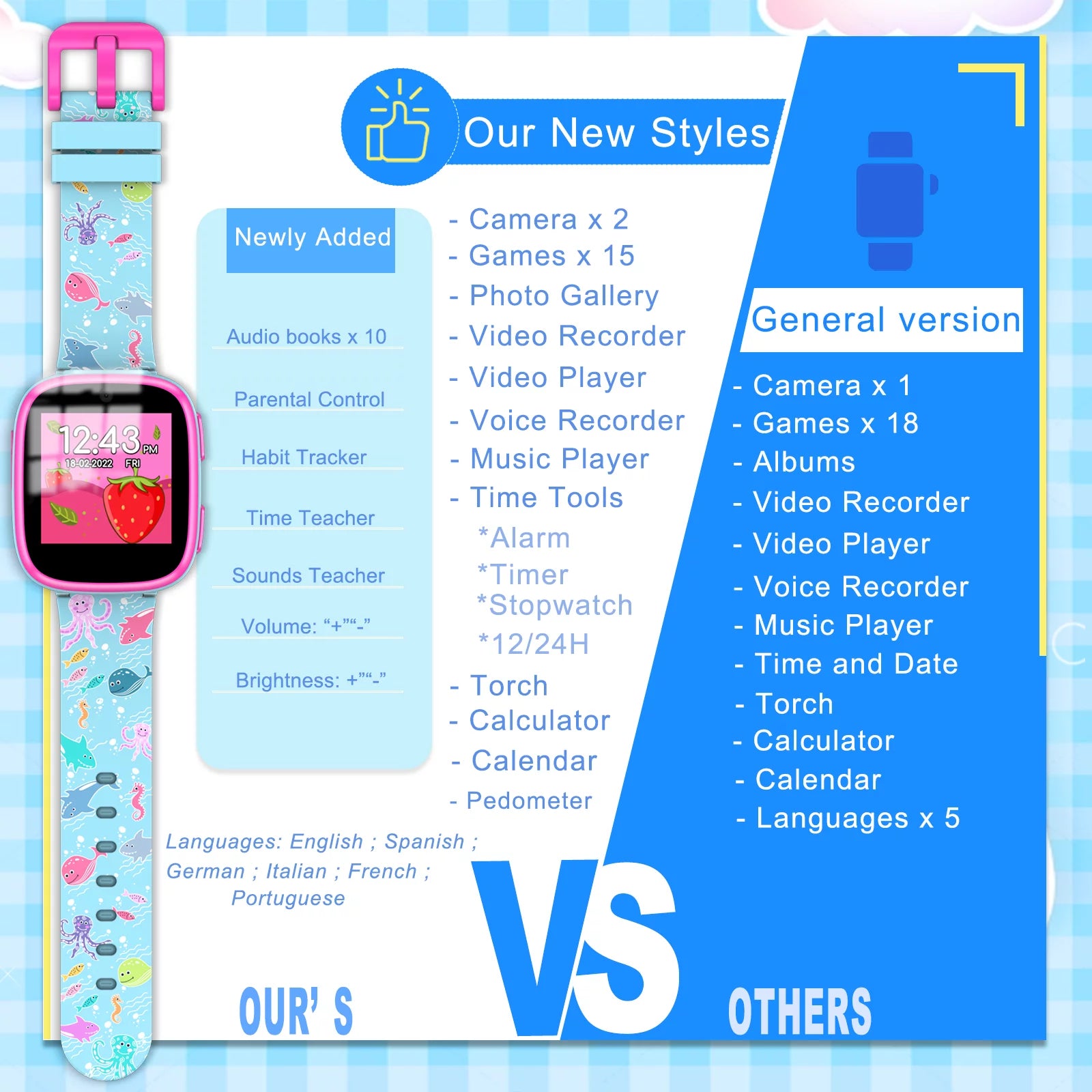 Kids Smart Watch for Girls Boys - Aquatic Creatures Style Wristwatch, 2023 New Version Upgrade Children Smartwatch, Blue