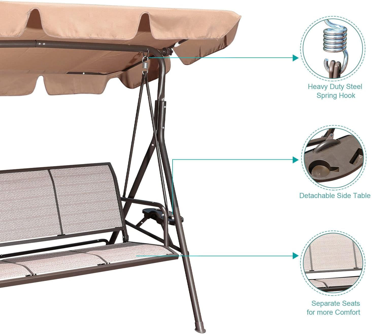 3 Person Outdoor Weather Resistant Patio Glider Swing Hammock Chair W/ Utility Tray & Sunshade Canopy for Patio, Garden, Deck, or Pool, Taupe