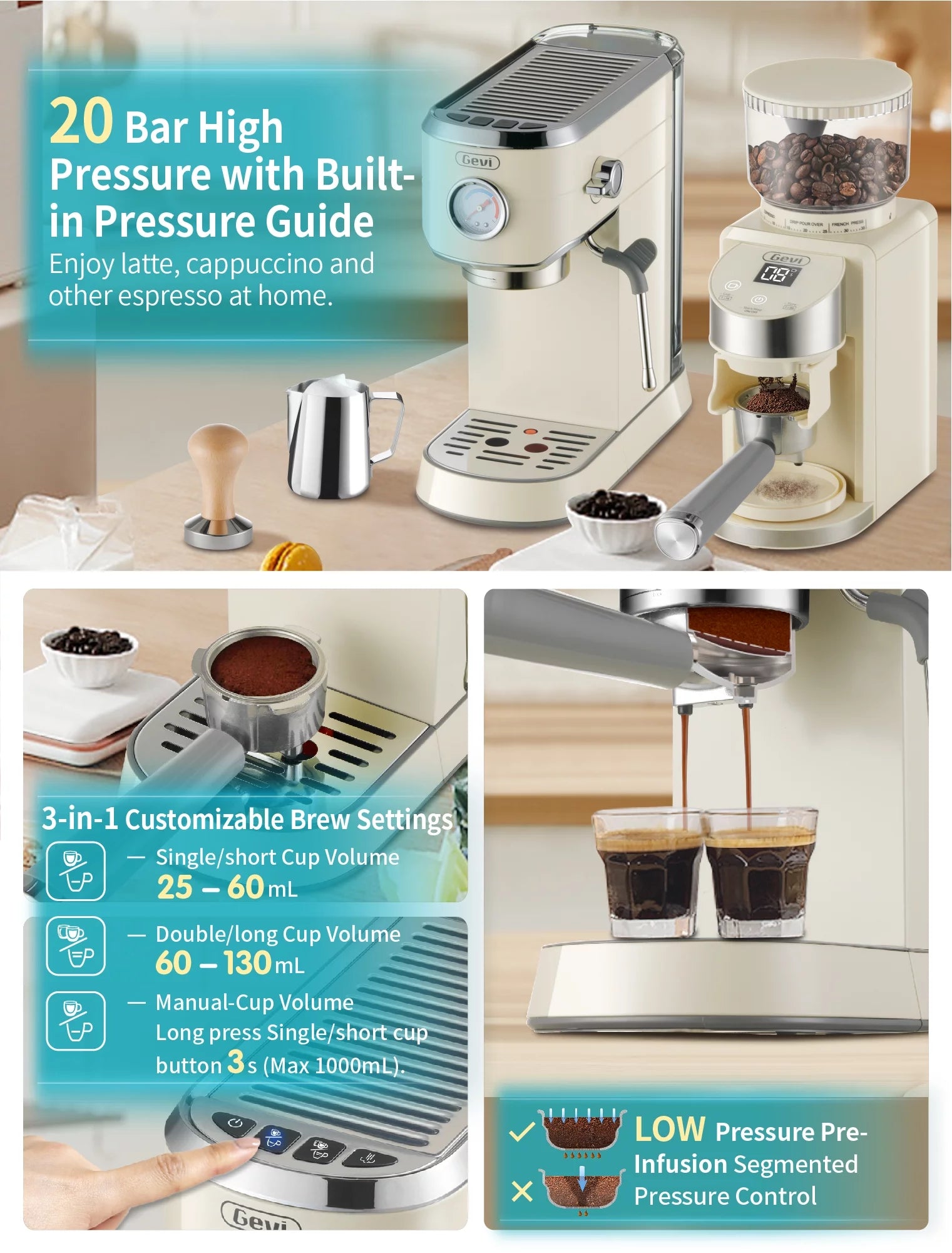 20 Bar Professional Espresso Machine with 35 Precise Grind Settings Burr Coffee Grinder