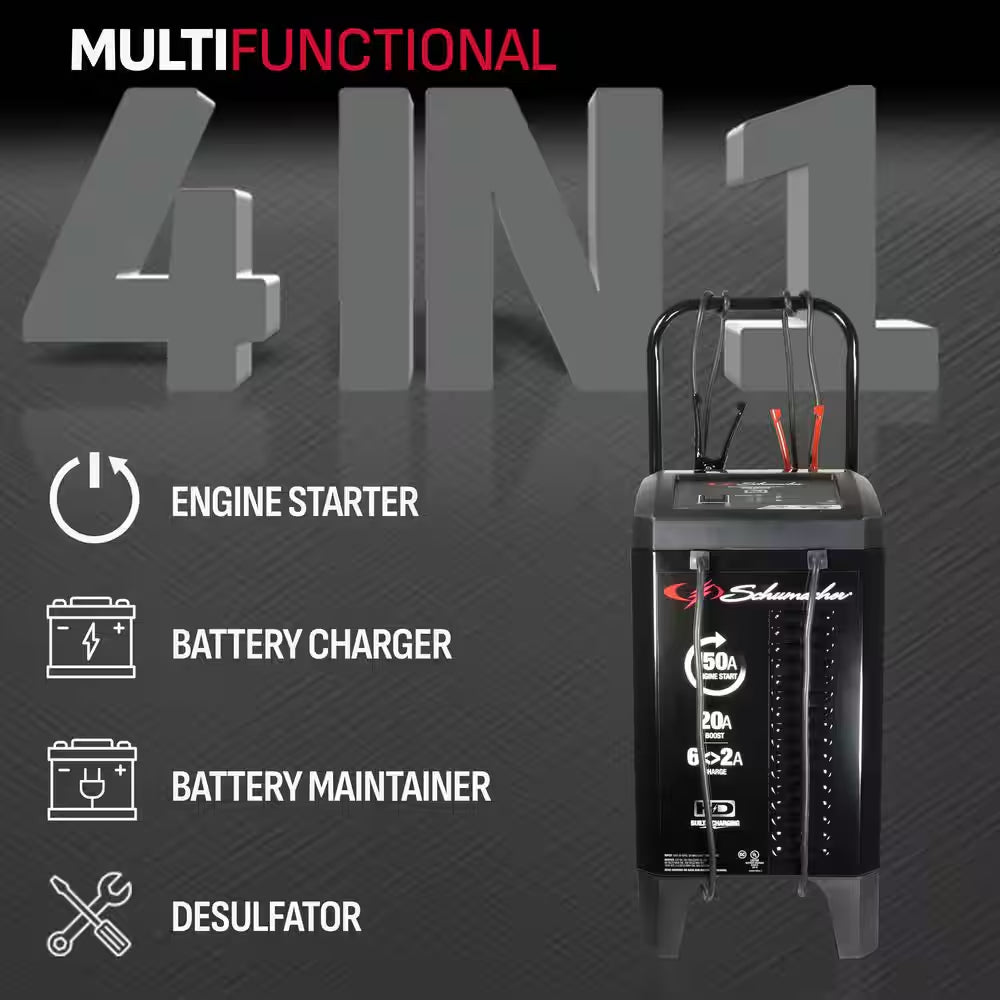 Power Up Your Ride with the Ultimate Wheeled 150A Car Battery Charger and Engine Starter - Fast 20A Boost for All Your Automotive and Marine Needs
