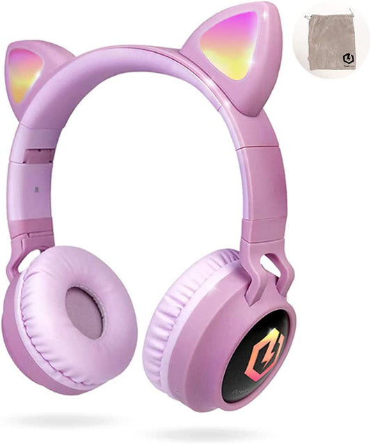 Purr-fect Pink Cat Ear Bluetooth Headphones for Kids! 🎧✨ Safe Volume, LED Lights & Micro SD - Ideal for Travel & Tablet Fun! 🐾💖