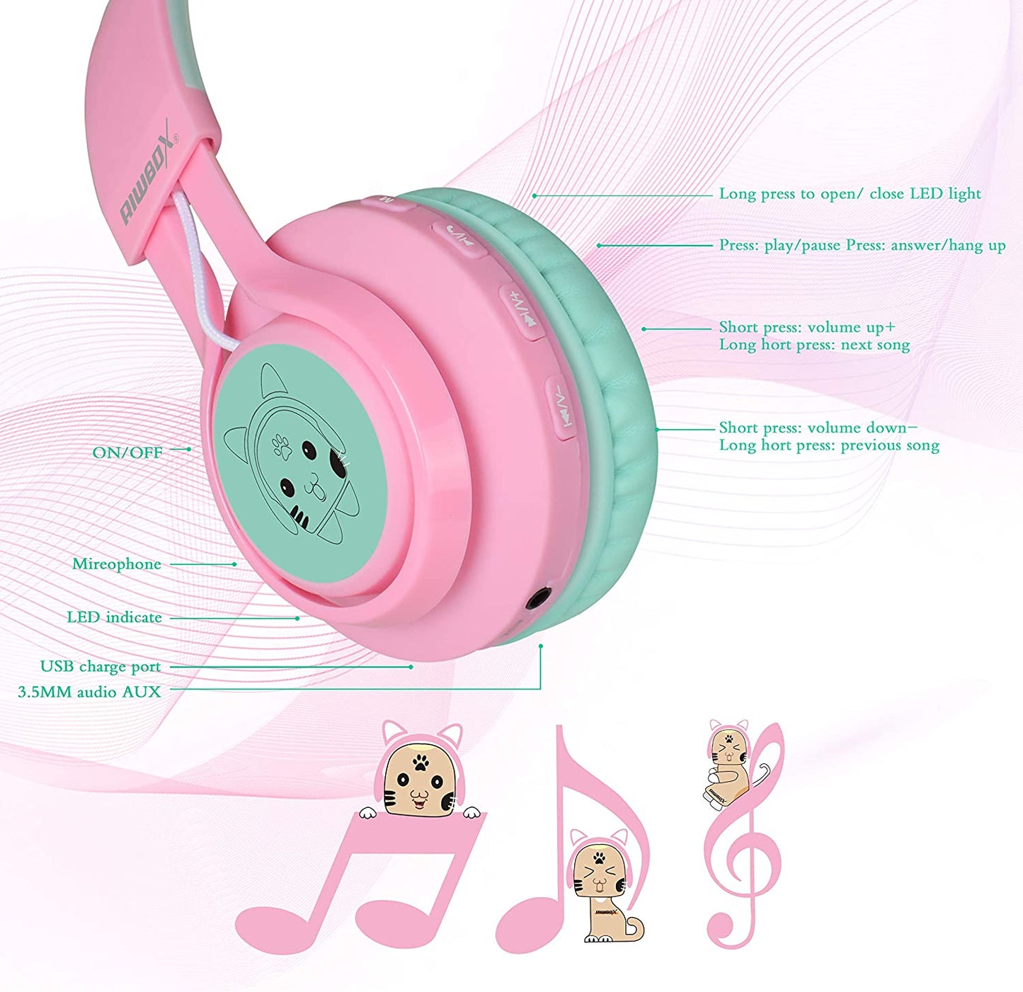 CT-7 Cat Ear Bluetooth Headphones - Fun LED Light-Up Wireless Over-Ear Headphones with Microphone and Volume Control for Kids, Perfect for Travel, School, and Gaming