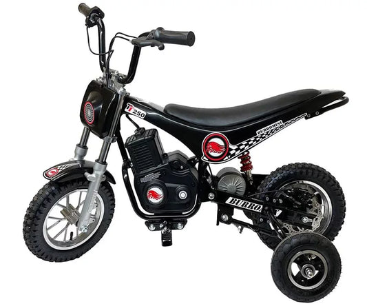 TT250, 250W 24V, 2 Speeds, 14 Mph, up to 150Lb Rider, Electric Mini Dirt Bike (Black with Training Wheels)