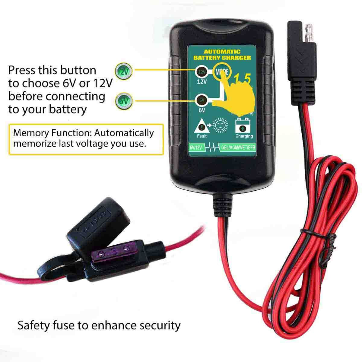Smart Automatic Battery Charger & Maintainer for 6V/12V Motorcycles - Trickle Float Technology