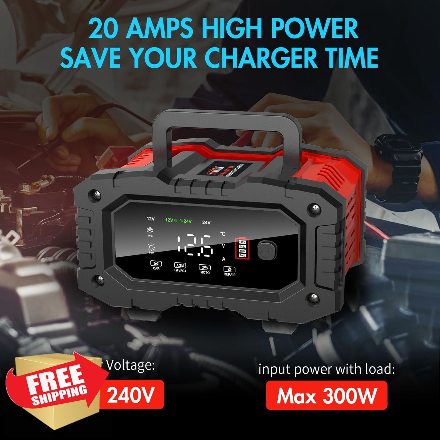 YONHAN 20A 12V/24V Battery Charger Maintainer for Car AGM