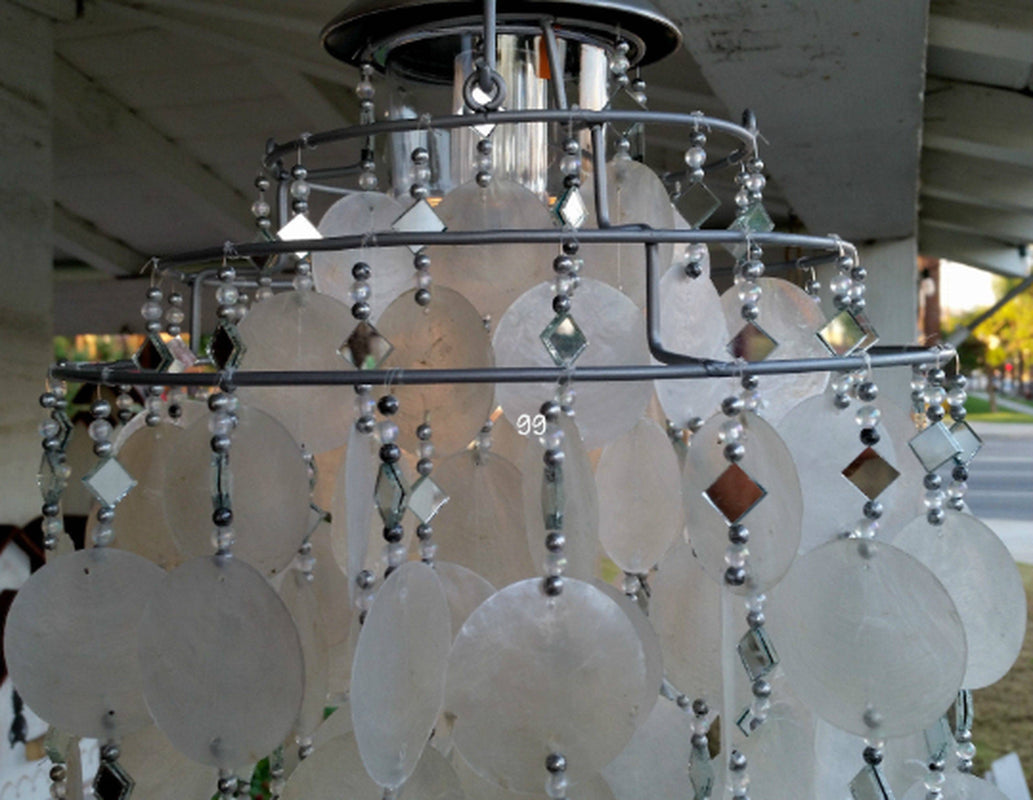 Elegant White Solar Capiz Shell Wind Chimes - Handcrafted 4-Tier Chandelier with Automatic Night Light