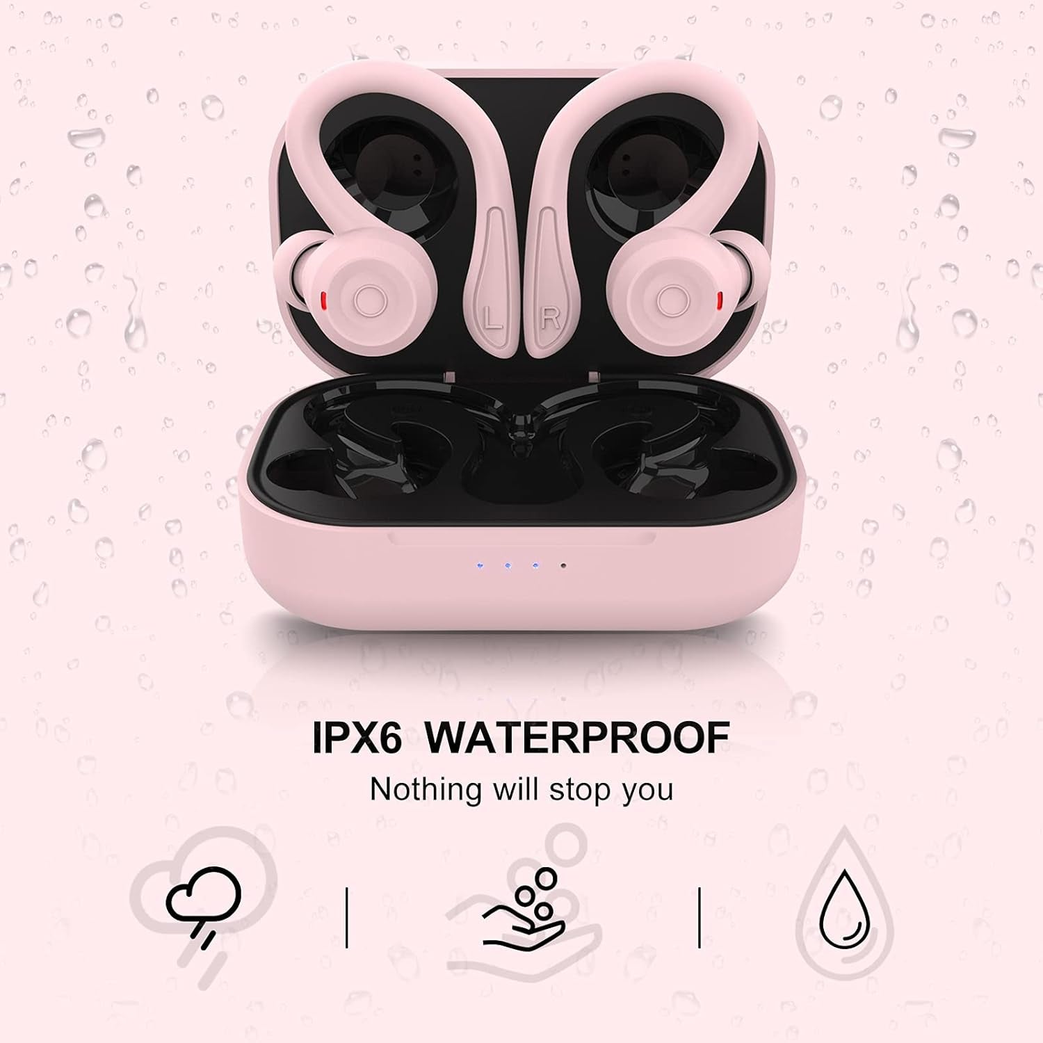 Pink over Ear Wireless Earbuds with Earhooks Running Bluetooth Earbuds with Ear Hook Waterproof Small Earphones in Ear Headphones Noise Cancelling Headset Android Ear Buds for Workout Sport Gym