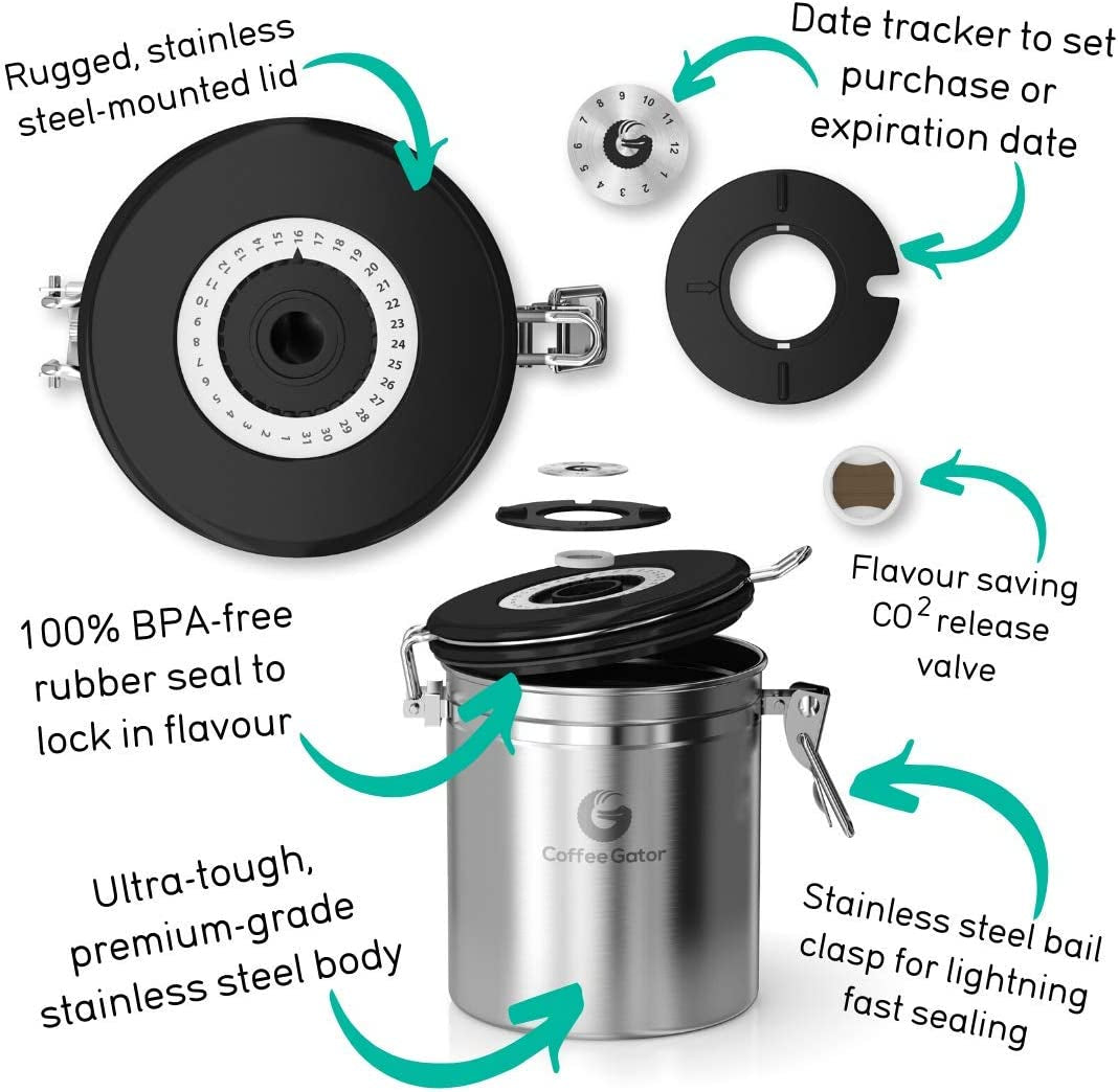 Premium Airtight Coffee Canister - 16oz Stainless Steel & 4oz Borosilicate Glass with Date Tracker & Scoop for Fresh Beans, Ground Coffee, Sugar, Tea, & Cookies