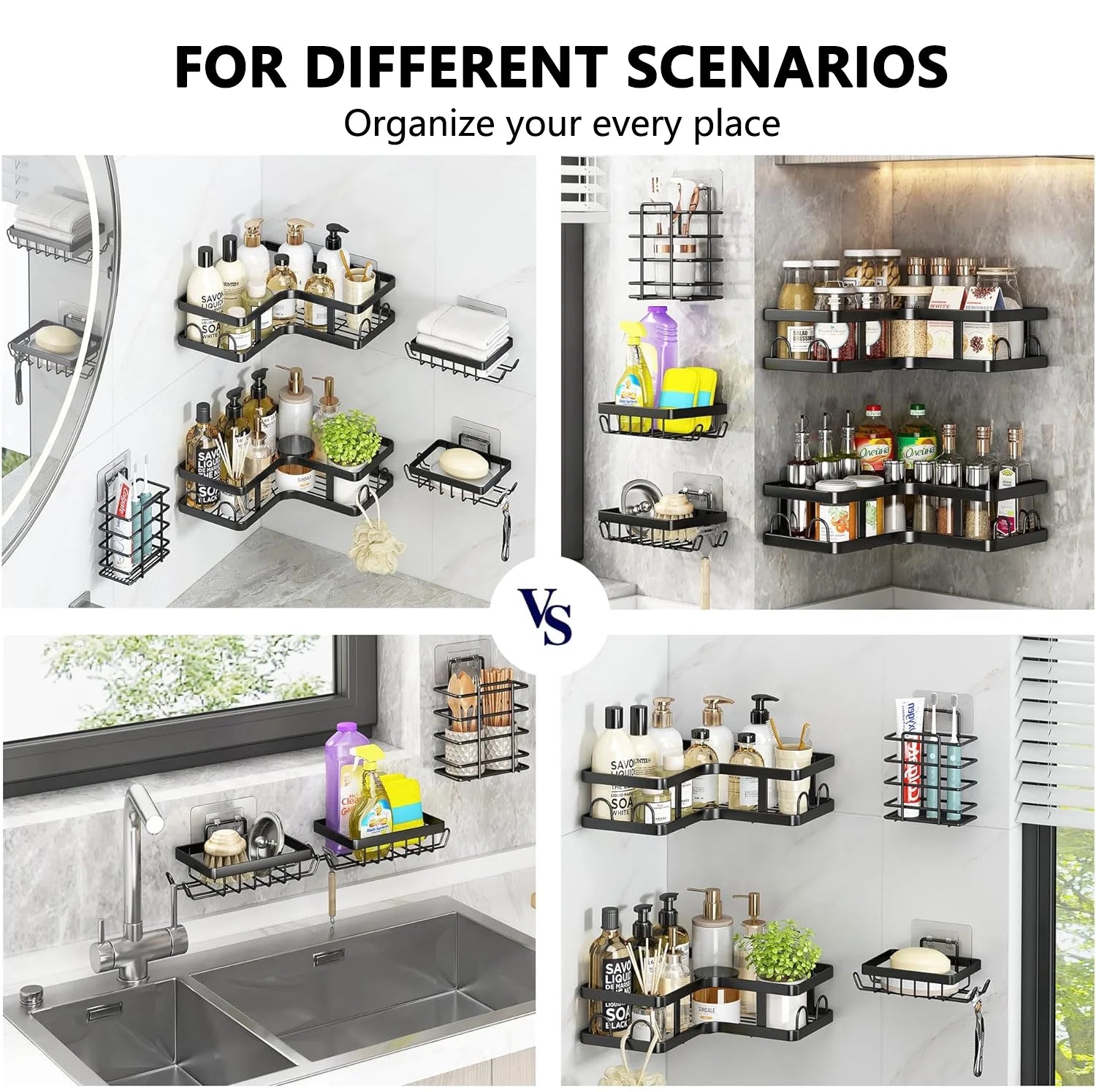 5 PCS Corner Shower Caddy Shower Organizer, 2 Tier Self-Adhesive Bathroom Organizer Shower Caddy Basketwith Soap & Toothbrush Holder, Wall Mounted Rustproof Stainless Steel Shower Rack