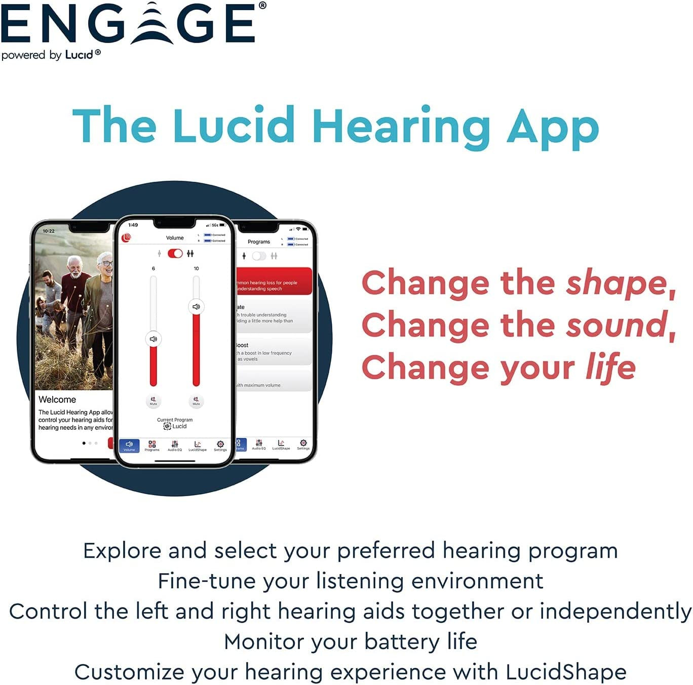 Lucid Hearing  Rechargeable OTC Hearing Aids - Compatible with Iphone, Lucid Hearing APP, and Bluetooth - Splashproof - Discrete - Engineered and Designed in the USA (Black)