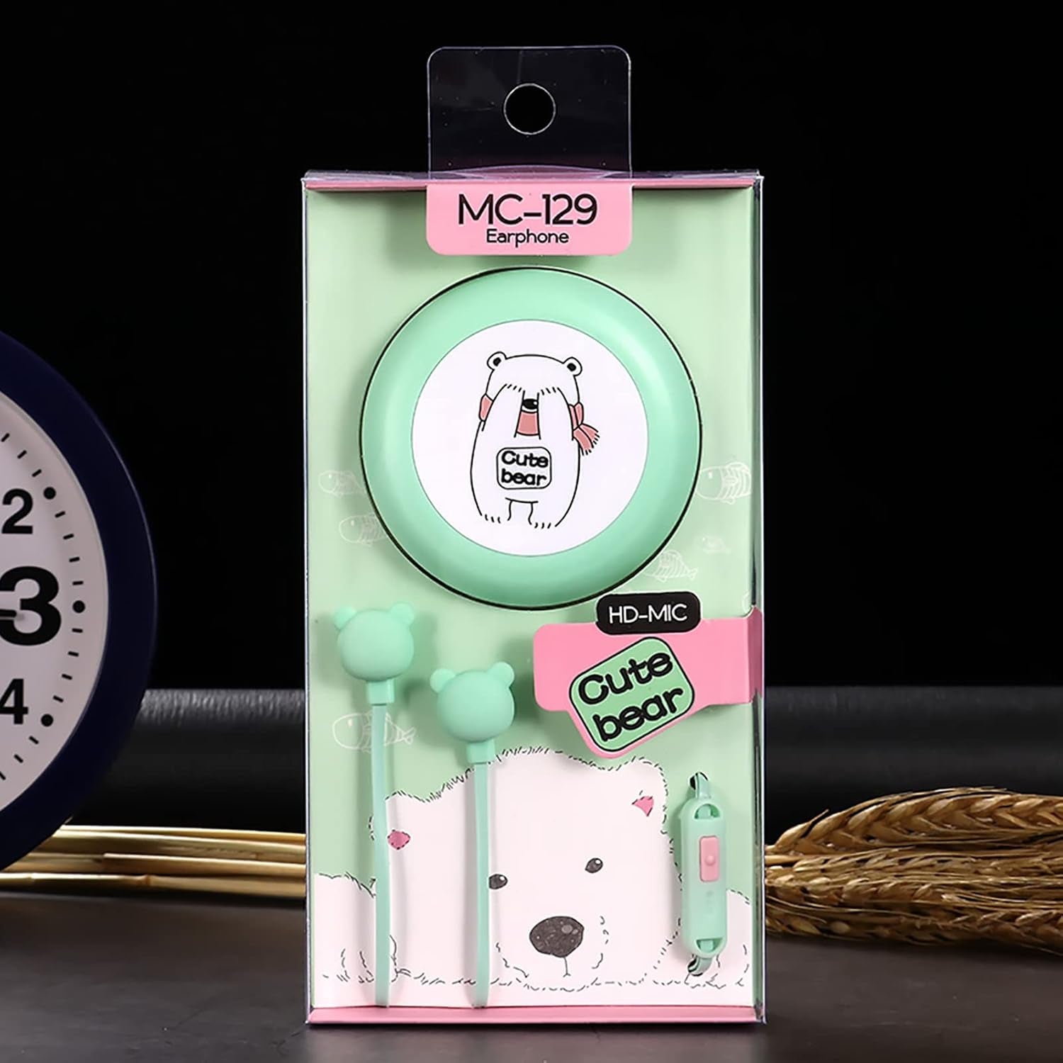 Bear Earbuds for Kids, Kawakii Wired Earbud & In-Ear Headphones Gift for School Girls and Boys with Microphone and Lovely Earphones Storage Case(Green MC)